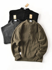 HEARUJOY - Men's Double-Sided Fleece Relaxed Fit Henley Neck Pullover - Warm Casual Sweatshirt for Autumn/Winter