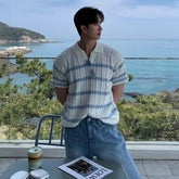 HEARUJOY - Twist striped knitted polo shirt short-sleeved men's Korean style slim and versatile casual lapel T-shirt trendy