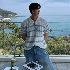 HEARUJOY - Twist striped knitted polo shirt short-sleeved men's Korean style slim and versatile casual lapel T-shirt trendy