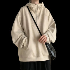 HEARUJOY - Japanese Retro Semi-zipper Solid Color Hooded Sweatshirt Men Women Autumn Winter Trendy Brand Loose Couple Casual Jacket