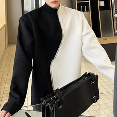 Hearujoy Mens Y2k Half Turtleneck Black And White Contrast Sweatshirt New Style Splicing Trend Irregular Zipper Trend Jacket For Men