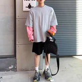 Hearujoy Mens T-Shirt Long Sleeve Y2K Korean Style Fake Two-Piece Contrast Stitching Top Autumn Oversize Casual Pullover Men'S Clothing