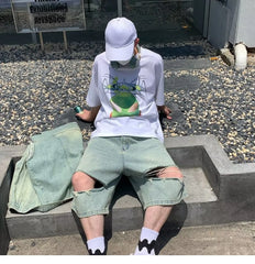 Hearujoy 2024 Men Summer Fashion Vintage Loose Wide Leg Jeans Male Streetwear Knee Length Pants Male Casual Ripped Denim Shorts F38