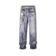 Hearujoy High Street Chain Print Frayed Washed Baggy Jeans for Men and Women Y2k Casual Loose Denim Trousers Ropa Hombre Casual Pants