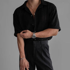 HEARUJOY - Men's Solid Color Hollow Short-Sleeved Shirt American Retro Fashion Trend Simple Casual Loose Breathable Summer New Men's Tops