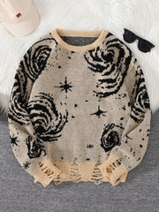 HEARUJOY - New Popular Street Ripped Abstract Starry Sky Pattern Pullover Ripped Sweater Casual Round Neck Knitted Men's Pullover
