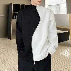 Hearujoy Mens Y2k Half Turtleneck Black And White Contrast Sweatshirt New Style Splicing Trend Irregular Zipper Trend Jacket For Men