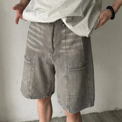 HEARUJOY - American Mens Summer Denim Shorts Trendy Retro Multiple Pockets Punk Mid Pants Tooling Loose Cowboy Five Quarter Pants Male