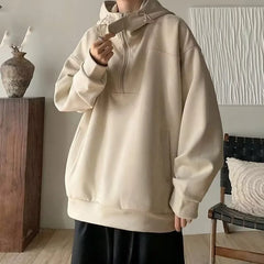 HEARUJOY - Japanese Retro Semi-zipper Solid Color Hooded Sweatshirt Men Women Autumn Winter Trendy Brand Loose Couple Casual Jacket