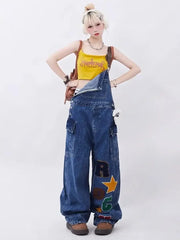 Hearujoy y2k letter embroidery all-match denim overalls women's summer retro loose slim fashion retro wide-leg jumpsuit women's clothing