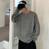 Hearujoy Men's Clothing Korean Popular Knit Irregular O Neck Long Sleeve Pullover Sweater Solid Color Light Luxury Leisure Retro Knitwear