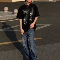 Hearujoy American Street Pure Cotton Abstract Graffiti Print Summer New Fashion Casual Short-Sleeved T-Shirt Mens Trendy Loose Top