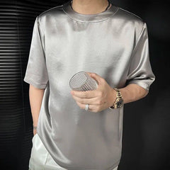 HEARUJOY - Summer New Men's Solid Color Shiny Short-Sleeved T-Shirt American Retro Fashion Trend Leisure Loose Breathable Niche Men's Tops