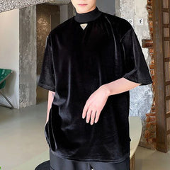 Hearujoy 2024 Summer Velvet Stand-up Collar Short-sleeved Men's T-shirt Personality Triangle Logo Trend Loose Top Ruffian Handsome Retro