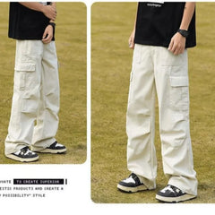 HEARUJOY - Off-white Work Casual Pants Men's 2025 American High Street Large Pocket Design Loose Straight Pants
