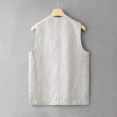 HEARUJOY - Casual Men Loose Linen Cotton Vest Japanese Retro Sold Color Multiple Pockets Workwear Sleeveless Top V-neck For Male