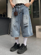 HEARUJOY - Mens Graffiti Denim Jeans Shorts Women Vintage Cartoon Print Straight Wide Leg Shorts High Street Oversize Kneen Length Pants