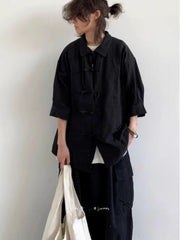 HEARUJOY - New Summer New Chinese Style Retro Tang Suit Solid Color Short-sleeved Shirt Men Women Casual Loose Buttoned Chinese Style Shirt