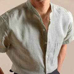 HEARUJOY - Natural Linen Cotton Blend Stand Up Collar Shirt Top Quality Men's Short Sleeved Casual Loose Thin Breathable Shirt 3 Colors