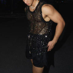 HEARUJOY - Mens Vest Mesh Sequins Sexy Nightclub Tank Top Summer Fashion Hollow Stage Performance Sleeveless Top Men'S Clothing 2025 New