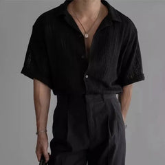 HEARUJOY - Men's Solid Color Hollow Short-Sleeved Shirt American Retro Fashion Trend Simple Casual Loose Breathable Summer New Men's Tops