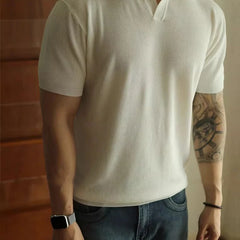 HEARUJOY - Summer Men's Clothing Luxury Knit V Neck Short-sleeved Polo Shirt Solid Color Leisure Korean Popular Streetwear Slim Knitwear