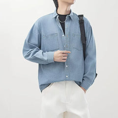 HEARUJOY - Mens Womens Spring Autumn New Solid Color Casual Denim Shirt American Retro Couples Fashion Loose Button Down Outerwear Premium