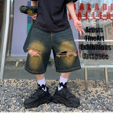 Hearujoy 2024 Men Summer Fashion Vintage Loose Wide Leg Jeans Male Streetwear Knee Length Pants Male Casual Ripped Denim Shorts F38