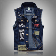HEARUJOY - Men's Spring and Fall Slim Fit Patch Denim Vest Plus Size Motorcycle Patchwork Patch Personalized Vest Coat
