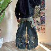 HEARUJOY - Y2K Baggy Jeans Star Pattern Stitching Tassel Pants Women American Retro High Street Jeans Loose Trendy Wide Leg Pants Clothes