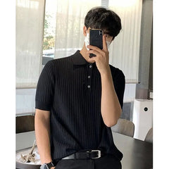 HEARUJOY - Summer Short Sleeved T-shirt Men Slim Fit Fashion Casual Knitted T Shirt Men Streetwear Korean White Lapel T Shirt Mens Top