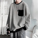 HEARUJOY - Loose round Neck T-Shirt Men's Casual Stripe White Fashionable Korean Style Autumn Top for Men Comfortable Sweatshirt