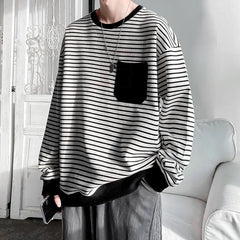 HEARUJOY - Loose round Neck T-Shirt Men's Casual Stripe White Fashionable Korean Style Autumn Top for Men Comfortable Sweatshirt