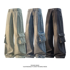 HEARUJOY - Black Baggy Jeans Men Retro Pocket Jeans Men Vintage Trousers Streetwear Hip-hop Loose Wide Leg Jeans Mens Denim Cargo Pants
