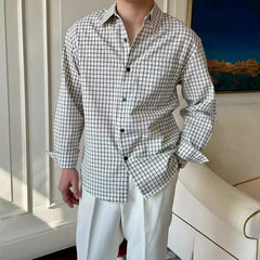 HEARUJOY - New American Retro Men Shirts Light Luxury Textured Lapel Plaid Long Sleeve Cardigan Leisure Trendy Premium Check Blouse M-2XL