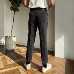 Hearujoy Mens French Slim Fashion Distressed High Waist Jeans Genderless Retro Solid Color Denim Straight Leg Casual Nine-Point Pants