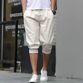 HEARUJOY - Summer New Sports Trend Versatile Casual Shorts Men's Solid Elastic Waist Drawstring Pockets Cotton Calf Length Cropped Pants
