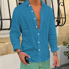 HEARUJOY - Men Seaside Beach Vintage Solid Cardigans Top Spring New Casual Linen Shirts Mens Long Sleeve Button-up Turn-down Collar Shirt