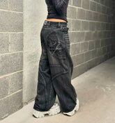 Hearujoy Y2k Baggy Jeans Women Hip Hop Goth Retro High Waisted Jeans Black Slouchy Oversized Embroidery Pattern Denim Pants Streetwear