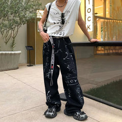 Hearujoy Spring And Autumn Men's Casual Pants Fashionable Trendy Y2k Hip-Hop High Street Graffiti Printed American Vintage Trousers