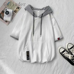 Hearujoy Casual Short Sleeve Hooded T-shirt Men's Summer Letter Patch Design Ice Silk Shirt Unisex Hip Hop Loose Fake Two Piece Blouse