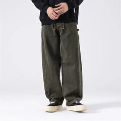 HEARUJOY - Men Vintage Washed Cotton Cargo Multi-pocket High Street Distressed Straight Tube Loose Wide-leg Workwear Trousers