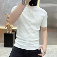 HEARUJOY - Men Korean Fashion Rhinestone Luxury Jacquard Knitted T Shirt Summer High Street White Round Neck Short Sleeve Slim Basic Tops