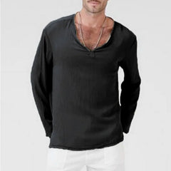 HEARUJOY - Spring New Men's Cotton and Linen Solid Color V-neck Casual Retro Loose Large Size Long Sleeve T-shirt Shirt