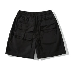 Hearujoy Vibe Style High Street Black Multi-pockets Cargo Shorts for Men Drawstring Straight Summer Casual Oversized Knee Length Pants