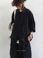 HEARUJOY - New Summer New Chinese Style Retro Tang Suit Solid Color Short-sleeved Shirt Men Women Casual Loose Buttoned Chinese Style Shirt