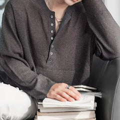 HEARUJOY - Stylish Knitted Henley T Shirts Mens Trendy Long Sleeve Button Hollow Out Knit T-shirt Spring Autumn Casual Men's Knitting Tops