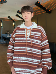 Hearujoy Polo Collar Striped Knit Sweater for Men Spring Autumn Japanese Retro Vintage Loose Fitting Couple Lazy Sweater