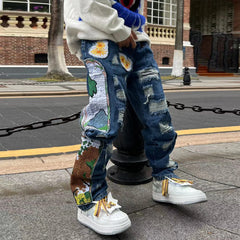 Hearujoy Harajuku Fashion Embroidered Patches Straight Denim Pants Hip Hop Washed Torn Jeans Black Blue Patchwork Y2k Jeans Baggy Men