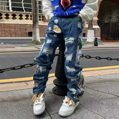Hearujoy Harajuku Fashion Embroidered Patches Straight Denim Pants Hip Hop Washed Torn Jeans Black Blue Patchwork Y2k Jeans Baggy Men